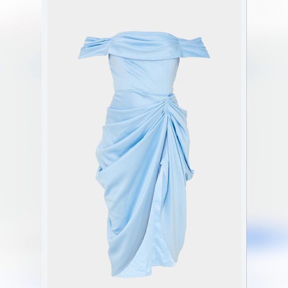 Pretty Little thing Blue Satin Draped Bardot Midi Dress 6 NWT - Picture 2 of 13